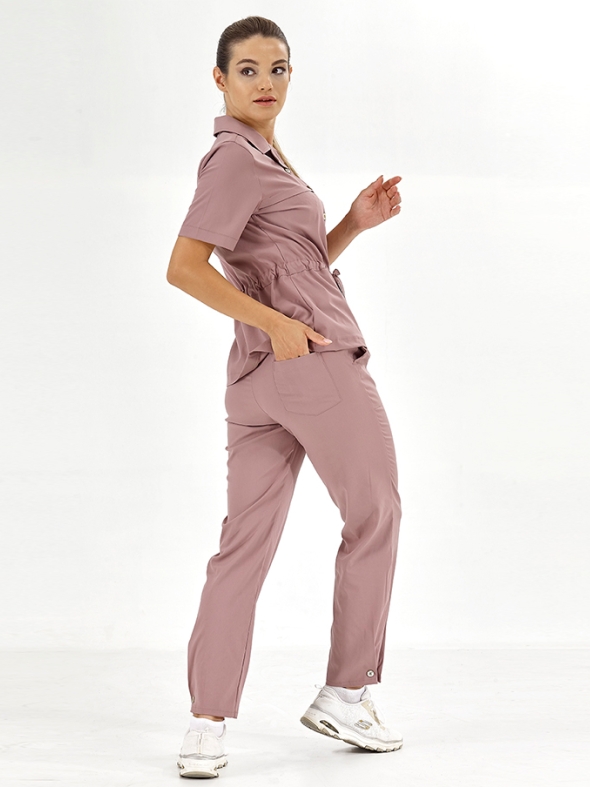 Dusty Rose Retro Women's Doctor Nurse Medical Scrubs Set Luxury Lycra Fabric