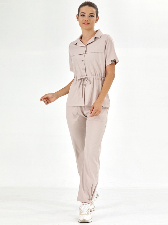Krem Retro Kadın Doktor Hemşire Medikal Scrubs Takım Lüks Likralı Kumaş