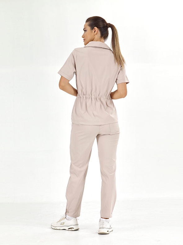 Krem Retro Kadın Doktor Hemşire Medikal Scrubs Takım Lüks Likralı Kumaş