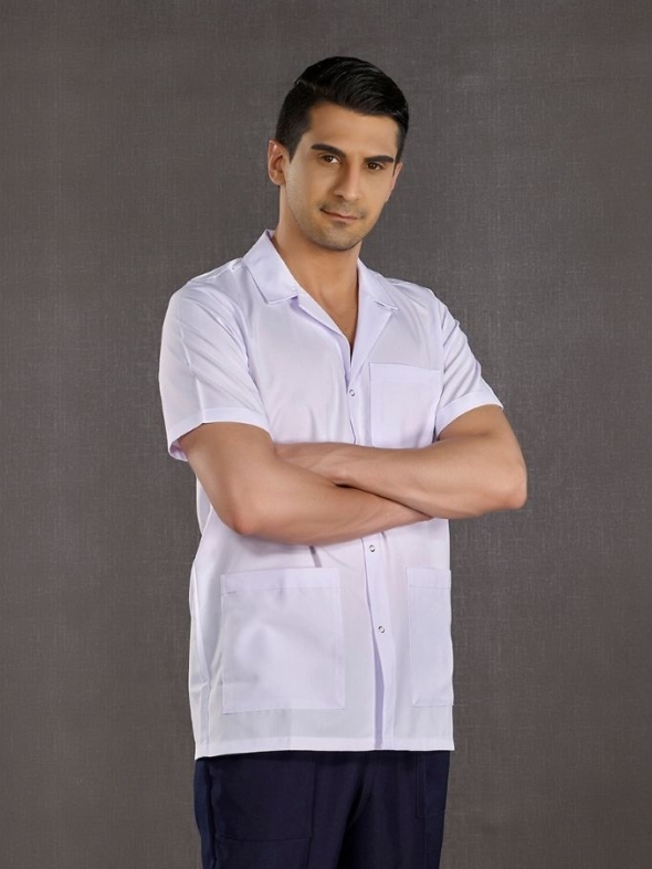 Beyaz Erkek Klasik Yaka Kısa Kol Önlük Alpaka Kumaş