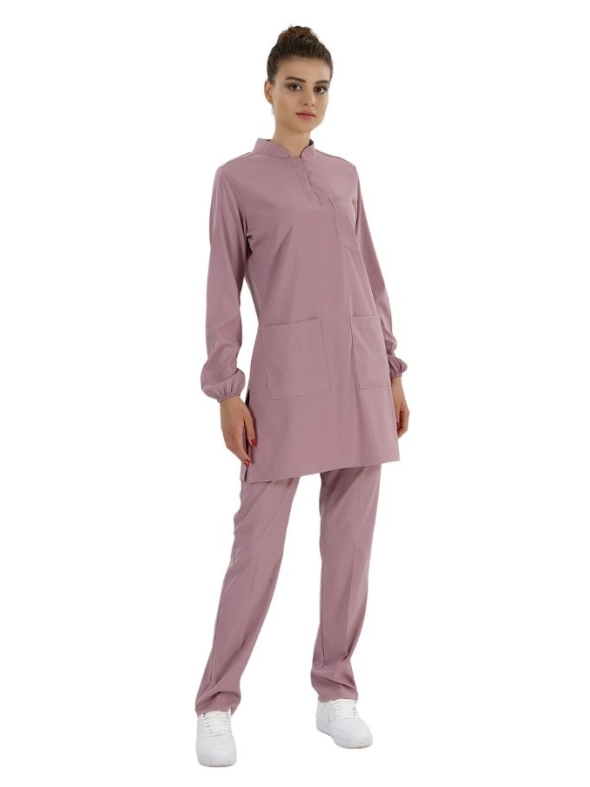 Gül Kurusu Tesettür Hakim Yaka Doktor Hemşire Medikal Scrubs Takım Lüks Likralı Kumaş