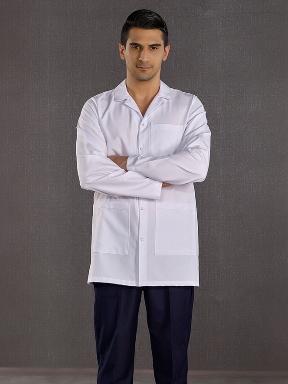 Beyaz Klasik Yaka Erkek Laboratuvar Önlüğü Alpaka Kumaş