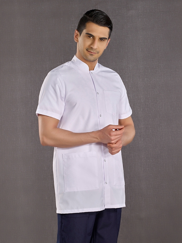 White Mandarin Collar Men's Short Sleeve Lab Coat Alpaca Fabric