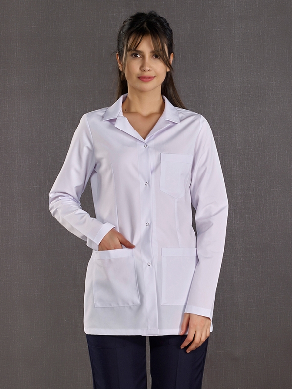 Beyaz Kadın Klasik Yaka Laboratuvar Önlüğü Alpaka Kumaş