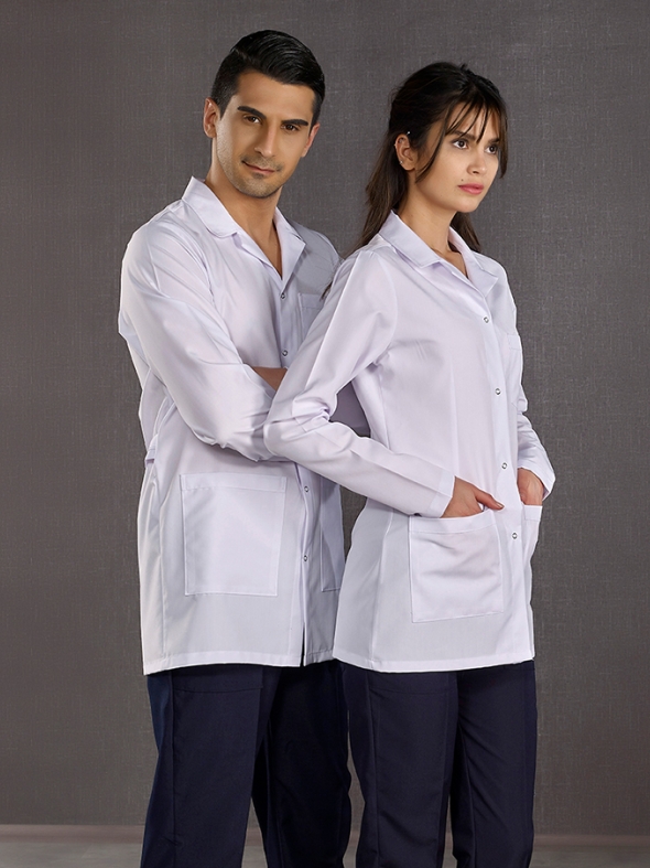 Beyaz Kadın Klasik Yaka Laboratuvar Önlüğü Alpaka Kumaş