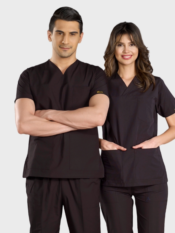 Siyah Klasik Doktor Hemşire Medikal Scrubs Takım Terikoton Kumaş