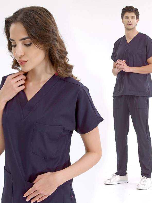 Lacivert Dr. Greys Doktor Hemşire Medikal Scrubs Takım Lüks Likralı Kumaş