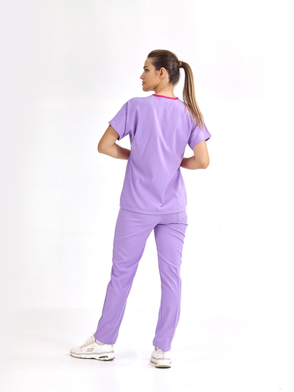 Lila Dr. Greys Doktor Hemşire Medikal Scrubs Takım Lüks Likralı Kumaş