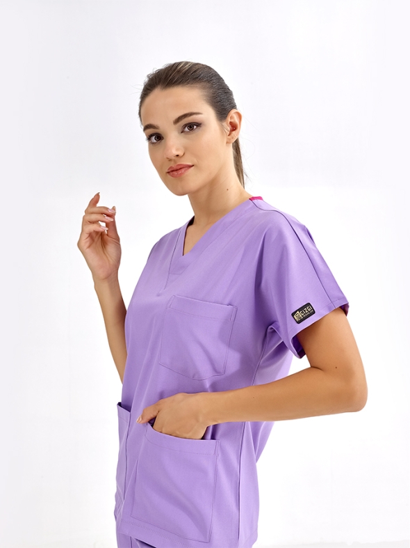 Lila Dr. Greys Doktor Hemşire Medikal Scrubs Takım Lüks Likralı Kumaş
