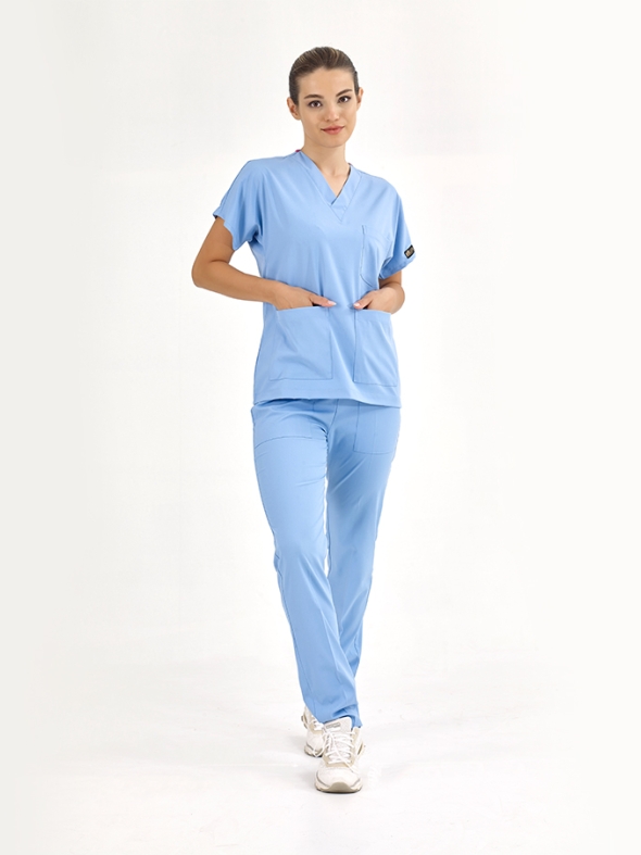 Açık Mavi Dr. Greys Doktor Hemşire Medikal Scrubs Takım Lüks Likralı Kumaş