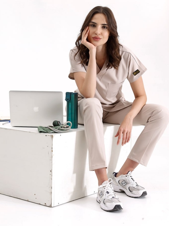 Cream Dr. Greys Doctor Nurse Medical Scrubs Set Luxury Lycra Fabric