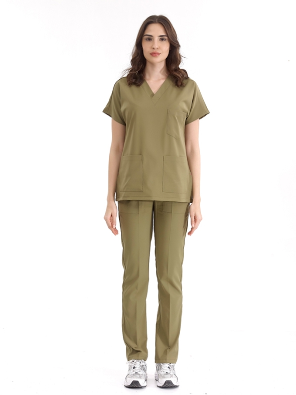 Khaki Dr. Greys Medizinischer Scrubs Set für Ärzte und Pflege Luxus Lycra-Stoff