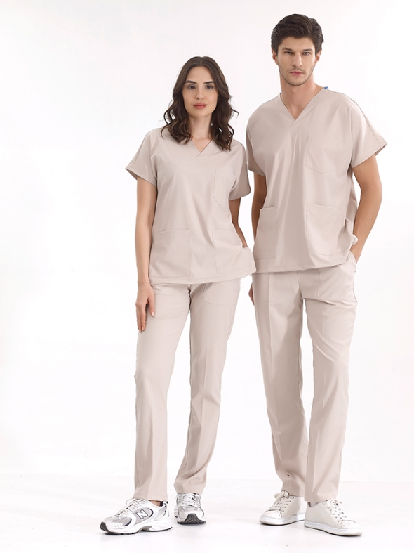 Creme Dr. Greys Medizinischer Scrubs Set für Ärzte und Pflege Luxus Lycra-Stoff