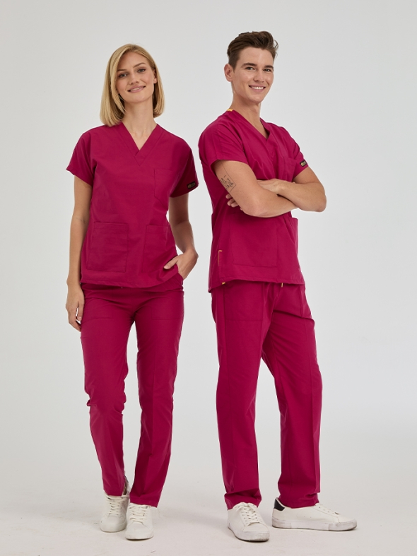 Cherry Red Dr. Greys Doctor Nurse Medical Scrubs Set Poly‑cotton blend fabric