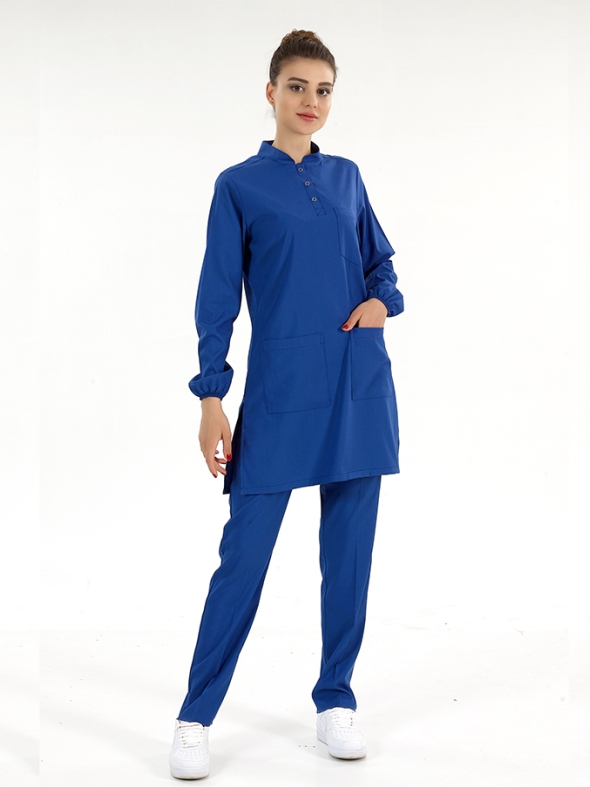 Saks Mavisi Tesettür Hakim Yaka Doktor Hemşire Medikal Scrubs Takım Lüks Likralı Kumaş