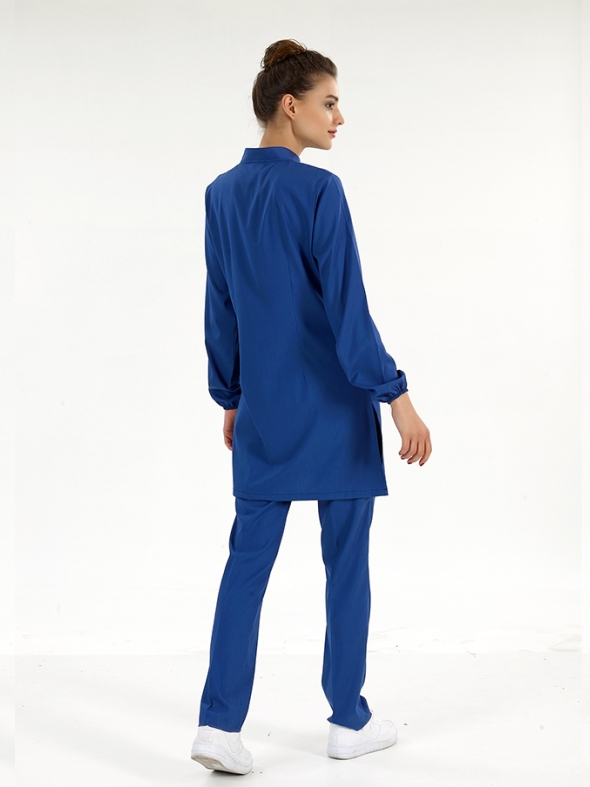 Saks Mavisi Tesettür Hakim Yaka Doktor Hemşire Medikal Scrubs Takım Lüks Likralı Kumaş