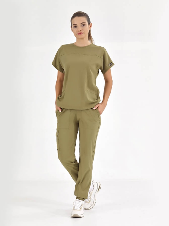 Haki Basic Doktor Hemşire Medikal Scrubs Takım Lüks Likralı Kumaş