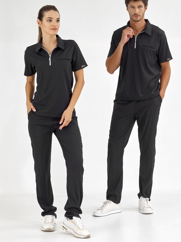 Черный Медицинский Костюм с Воротником Поло для Врачей и Медсестер Ткань Люкс Лайкра