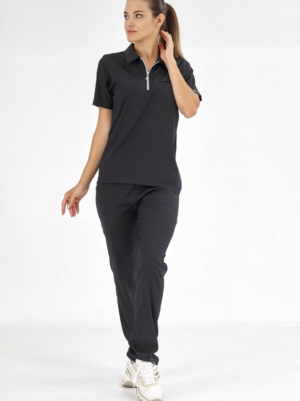 Siyah Polo Yaka Doktor Hemşire Medikal Scrubs Takım Lüks Likralı Kumaş