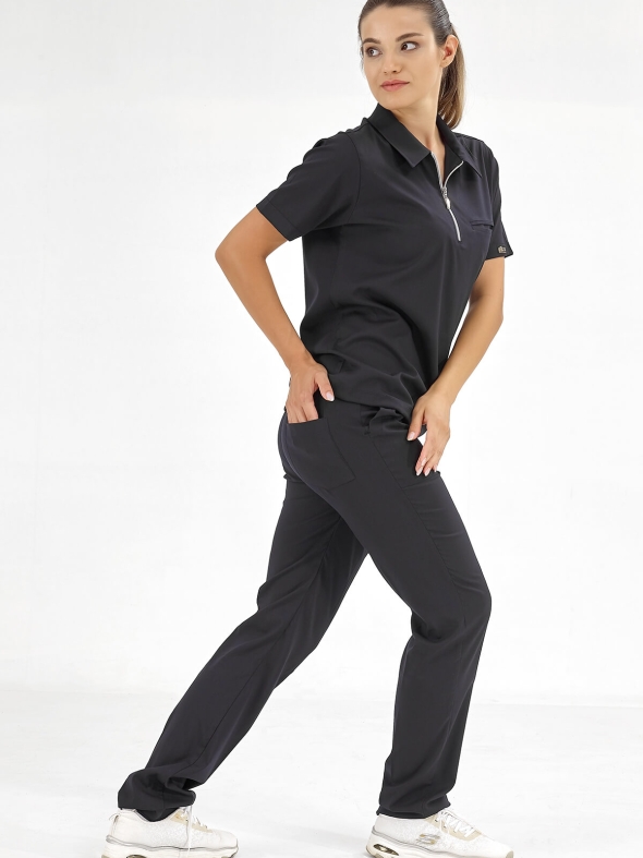 Черный Медицинский Костюм с Воротником Поло для Врачей и Медсестер Ткань Люкс Лайкра