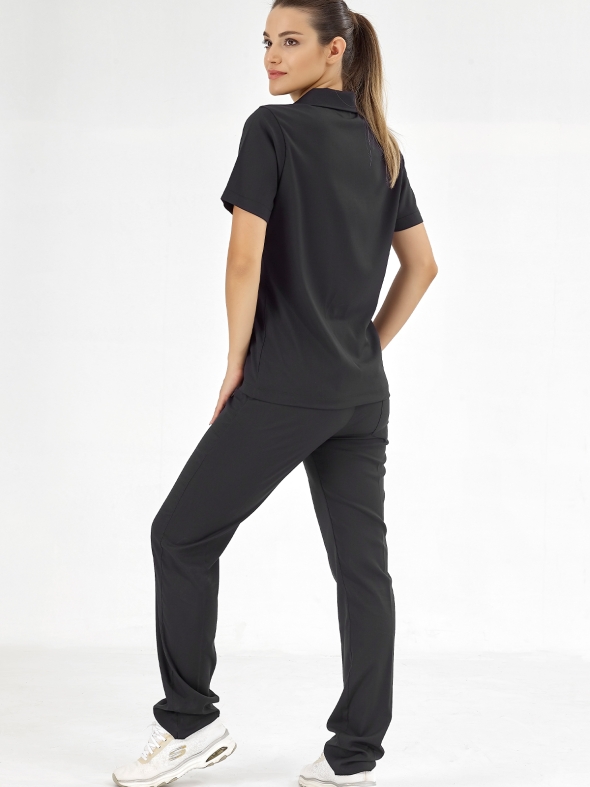 Черный Медицинский Костюм с Воротником Поло для Врачей и Медсестер Ткань Люкс Лайкра