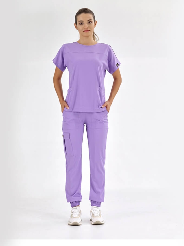 Lila Basic Doktor Hemşire Medikal Scrubs Takım Lüks Likralı Kumaş