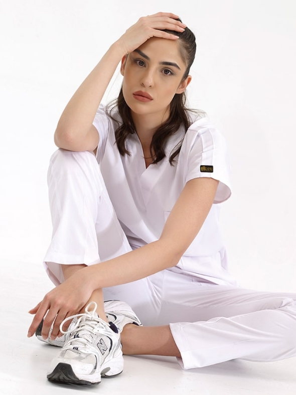 White Dr. Greys Doctor Nurse Medical Scrubs Set Luxury Lycra Fabric