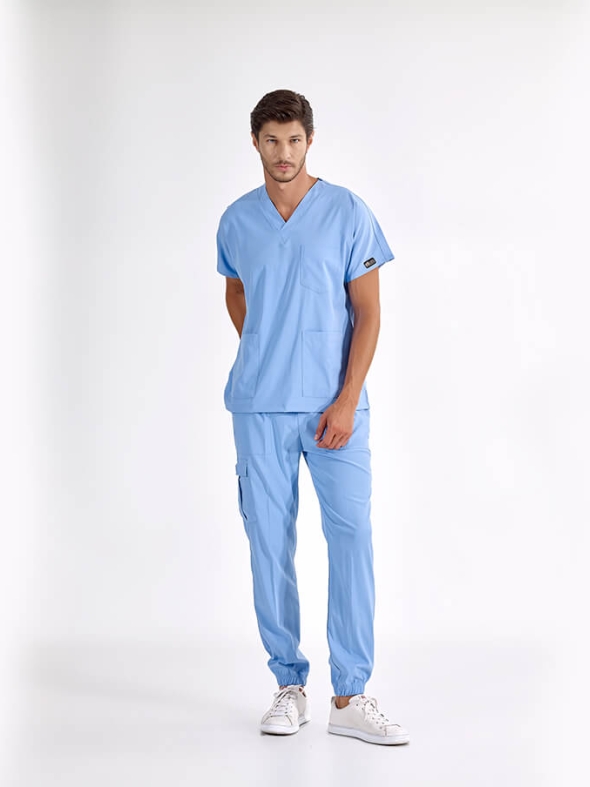 Açık Mavi Jogger Doktor Hemşire Medikal Scrubs Takım Lüks Likralı Kumaş