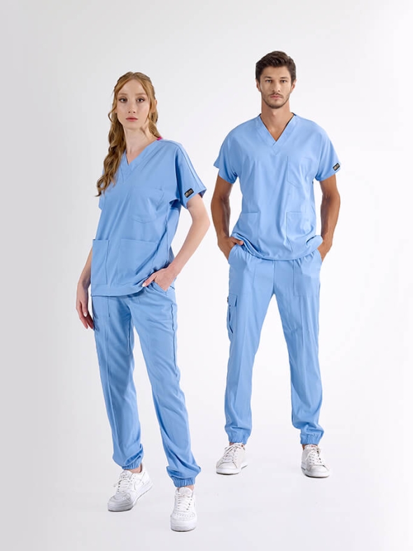 Açık Mavi Jogger Doktor Hemşire Medikal Scrubs Takım Lüks Likralı Kumaş