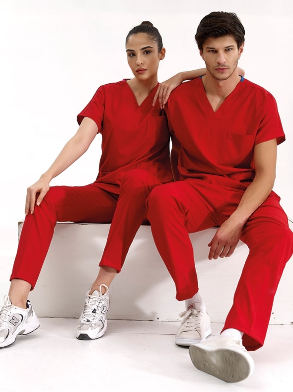 Red Dr. Greys Doctor Nurse Medical Scrubs Set Luxury Lycra Fabric