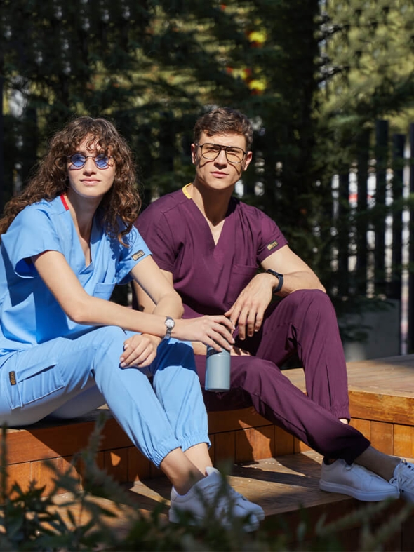 Açık Mavi Jogger Doktor Hemşire Medikal Scrubs Takım Lüks Likralı Kumaş