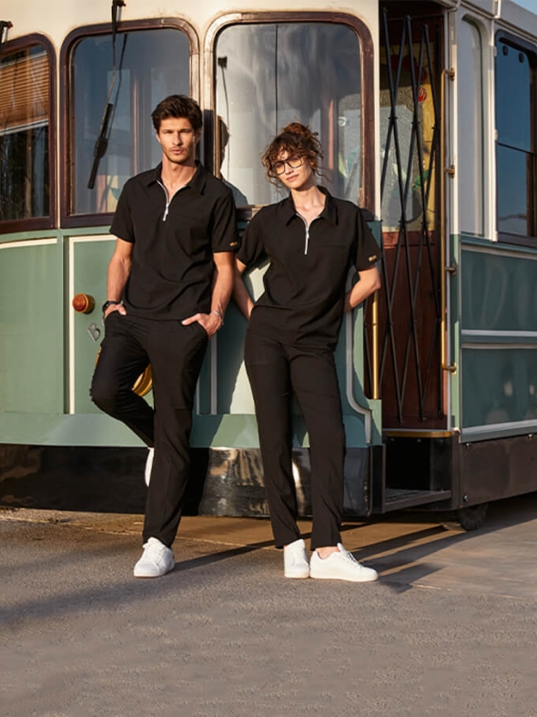 Черный Медицинский Костюм с Воротником Поло для Врачей и Медсестер Ткань Люкс Лайкра