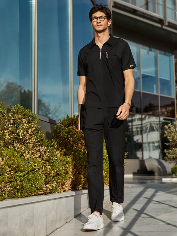 Черный Медицинский Костюм с Воротником Поло для Врачей и Медсестер Ткань Люкс Лайкра