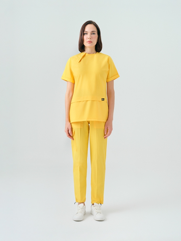 Sarı Zero Doktor Hemşire Medikal Scrubs Takım Best Likralı Kumaş