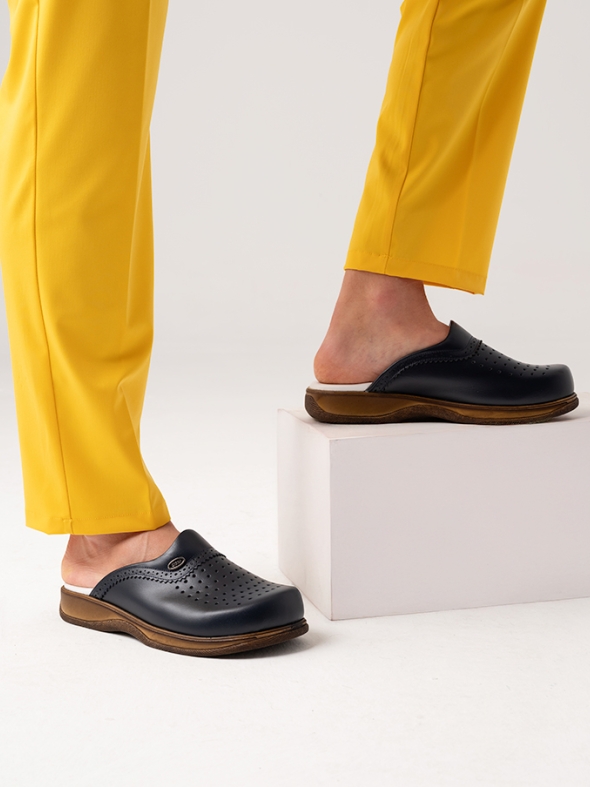 Navy Blue Men's Doctor Nurse Medical Gold Fit Genuine Leather Clogs