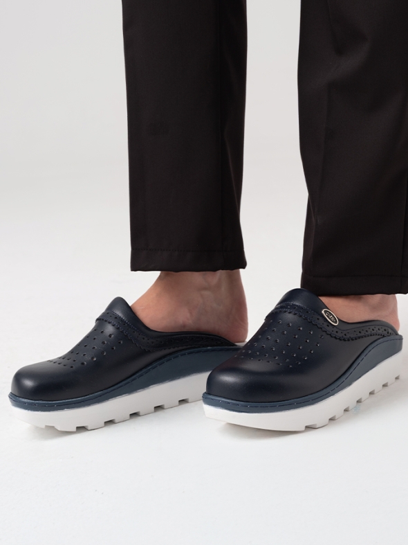 Lacivert Kadın Doktor Hemşire Medikal Gold Fit Hakiki Deri Sabo Terlik