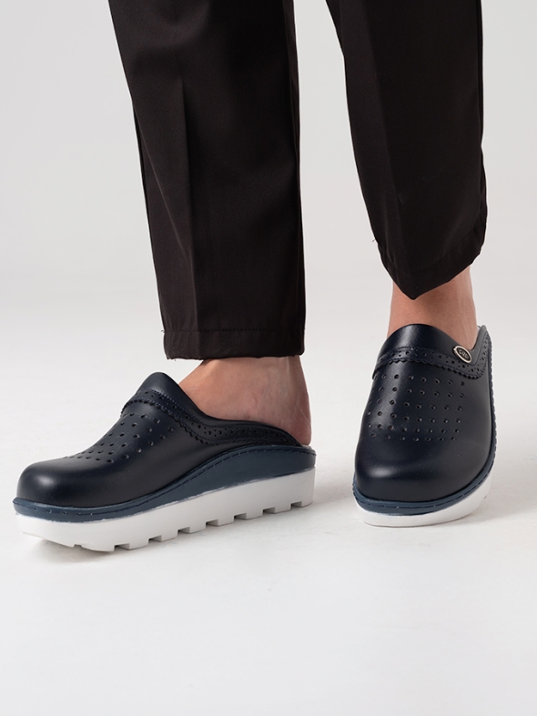 Lacivert Kadın Doktor Hemşire Medikal Gold Fit Hakiki Deri Sabo Terlik