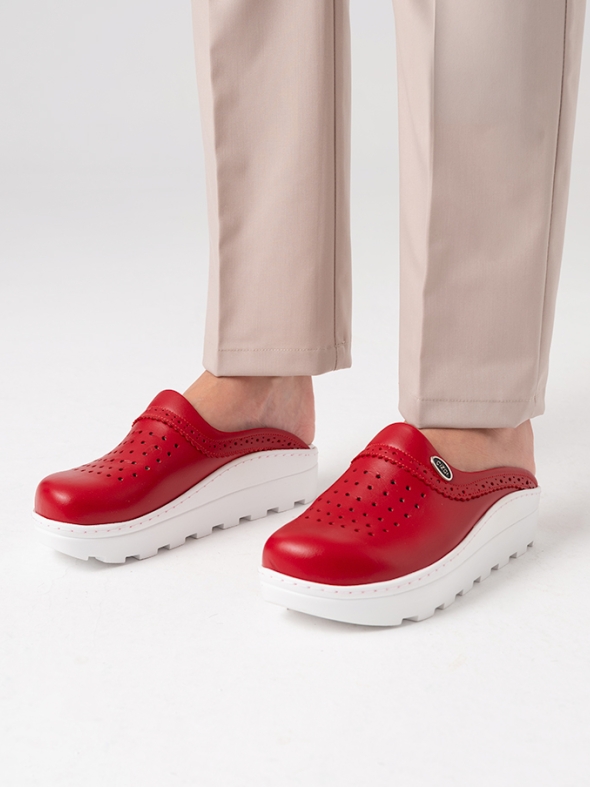 Kırmızı Kadın Doktor Hemşire Medikal Gold Fit Hakiki Deri Sabo Terlik