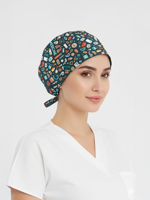 Tıp Dünyası Desenli Bone (Cotton Likra Kumaş)