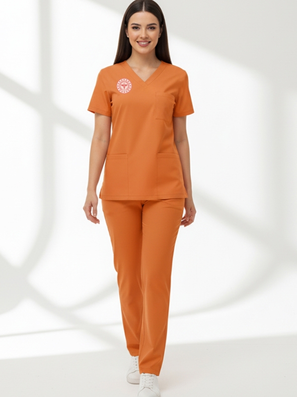Klinik Destek Forması Scrubs Likralı Takım Sağlık Bakanlığı Uyumlu-Orange Ochre