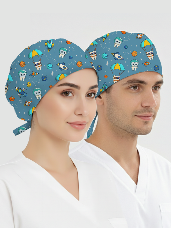 Astronot Dişler Desenli Bone (Cotton Likra Kumaş)