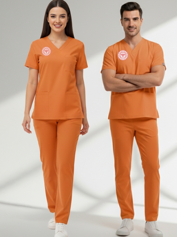 Klinik Destek Forması Scrubs Likralı Takım Sağlık Bakanlığı Uyumlu-Orange Ochre