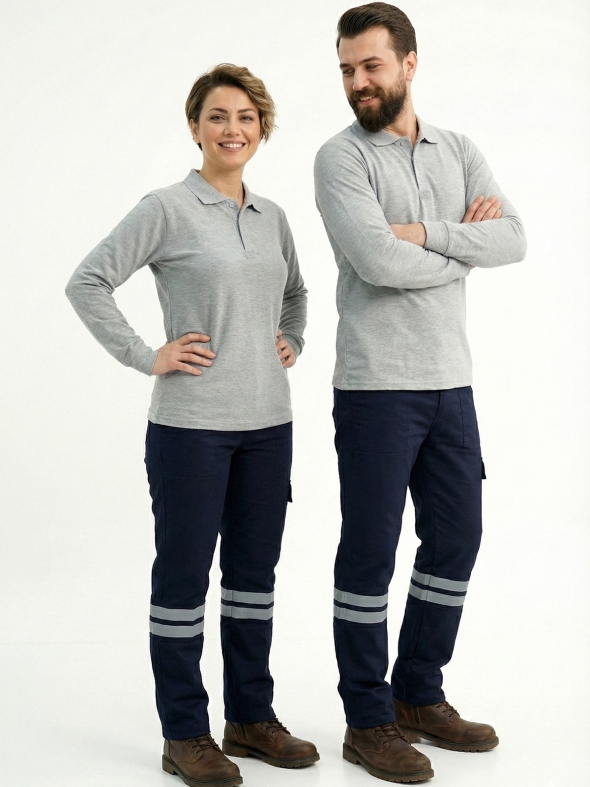 Gri Melanj Polo Yaka Uzun Kol İş Sweatshirtü Penye Lacoste Kumaş