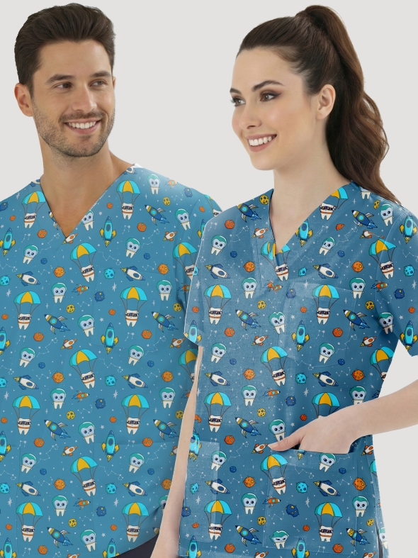 Astronot Dişler Desenli Tek Üst (Cotton Likra Kumaş)
