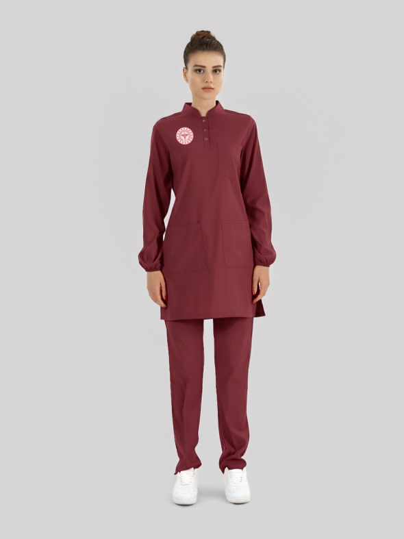 Tesettür Lisans-Lisansüstü Sağlık Forması Scrubs Likralı Takım Sağlık Bakanlığı Uyumlu-Biking Red