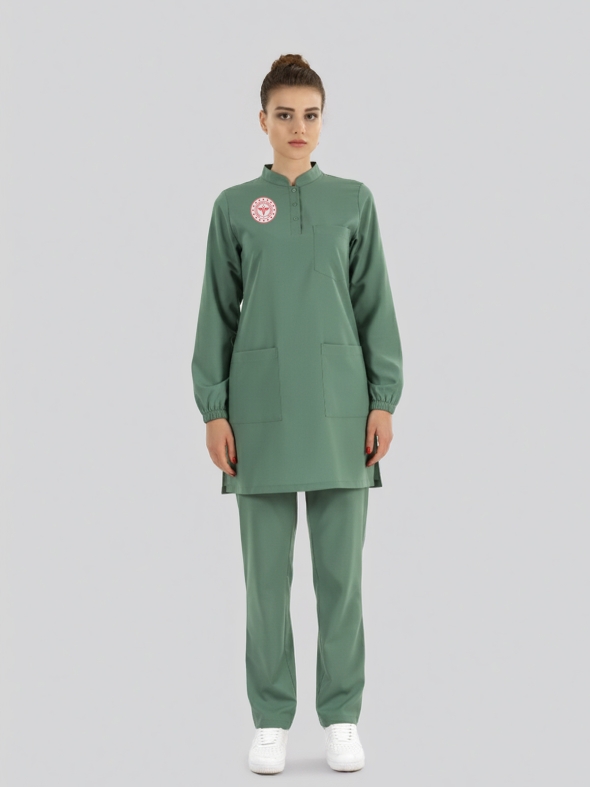 Tesettür Ameliyathane Forması Scrubs Likralı Takım Sağlık Bakanlığı Logolu-Frosty Spruce