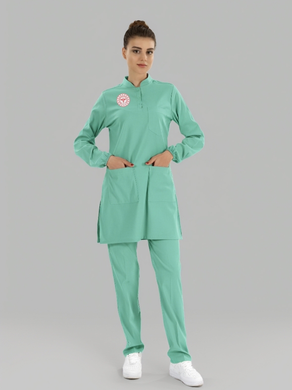 Tesettür Aile Sağlığı Forması Scrubs Likralı Takım Sağlık Bakanlığı Logolu -Bermuda