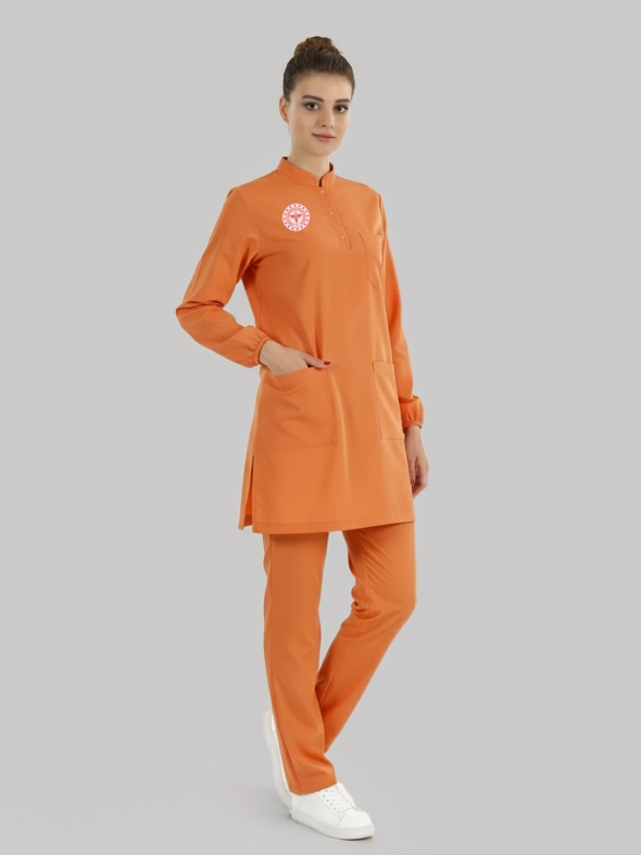 Tesettür Klinik Destek Forması Scrubs Likralı Takım Sağlık Bakanlığı Logolu-Orange Ochre
