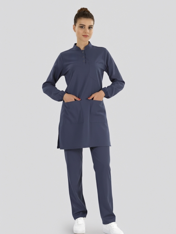 Patriot Blue Tesettür Hakim Yaka Doktor Hemşire Medikal Scrubs Takım Lüks Likralı Kumaş