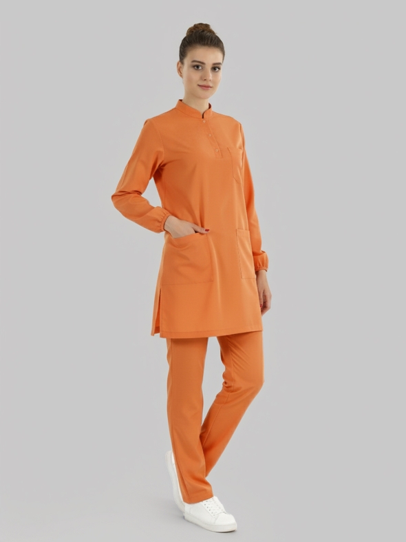 Orange Ochre Tesettür Hakim Yaka Doktor Hemşire Medikal Scrubs Takım Lüks Likralı Kumaş